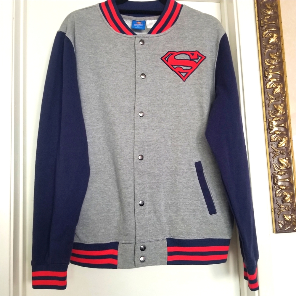 Men's Superman DC comics gray,red,blue button up sweater size(s14) fits M